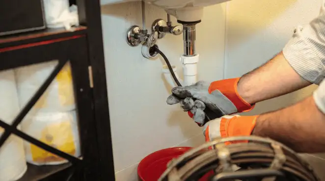 Drain cleaning technician using a motorized plumbing snake to clear a clogged sink pipe in Wichita, KS